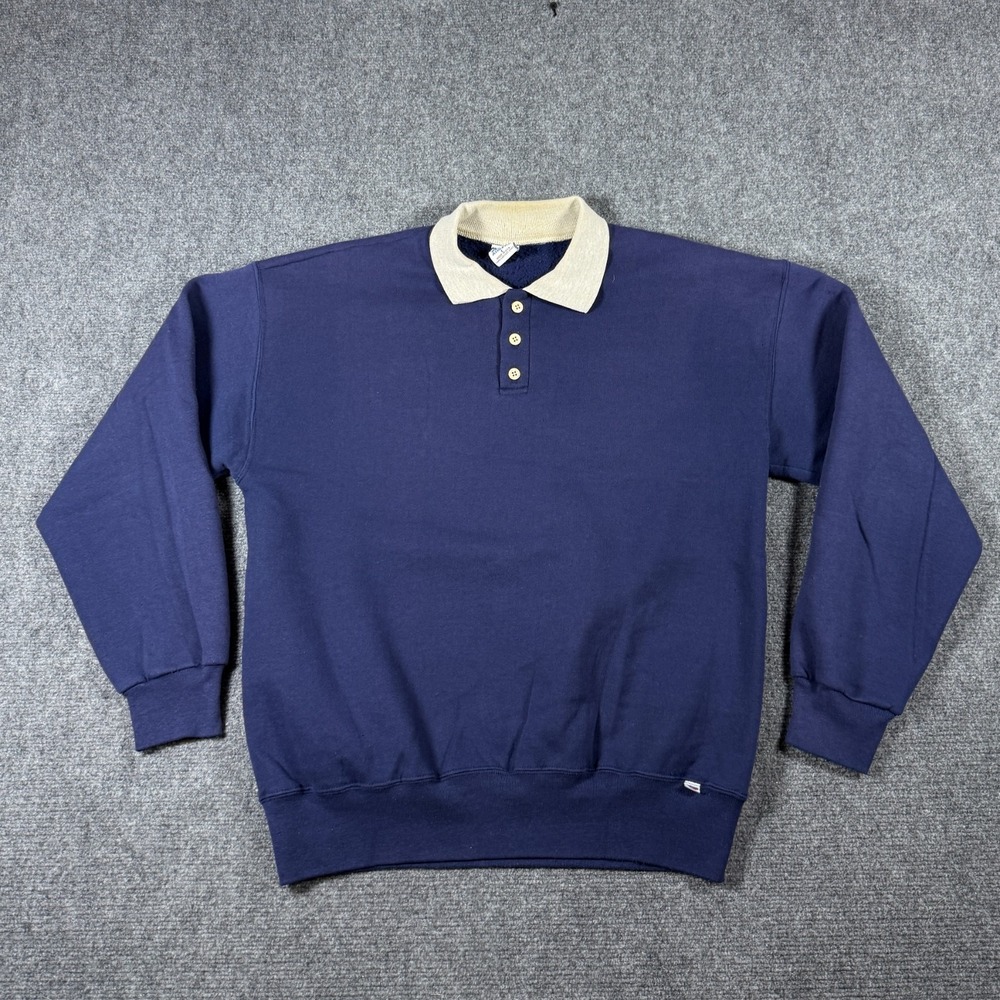 VTG Y2K Russell Athletic Navy Collared Henley Sweatshirt Large USA Made Comfy